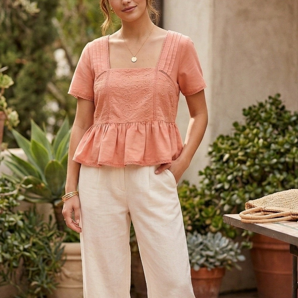 Midnight Sky Linen‎ Blend Babydoll Top Sz M Smocked Ruffle Peplum Milkmaid Fairy
